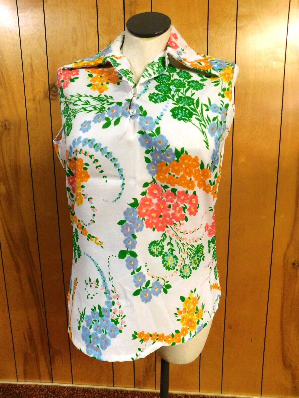 Vintage Colorful Floral Print Poly Sleeveless Blouse Top 47″ Bust*