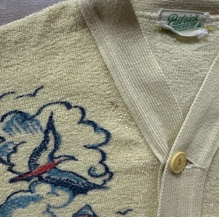 Vintage 1940s 50s Seascape Novelty Graphic Terry Cloth Cardigan Women’s XS S