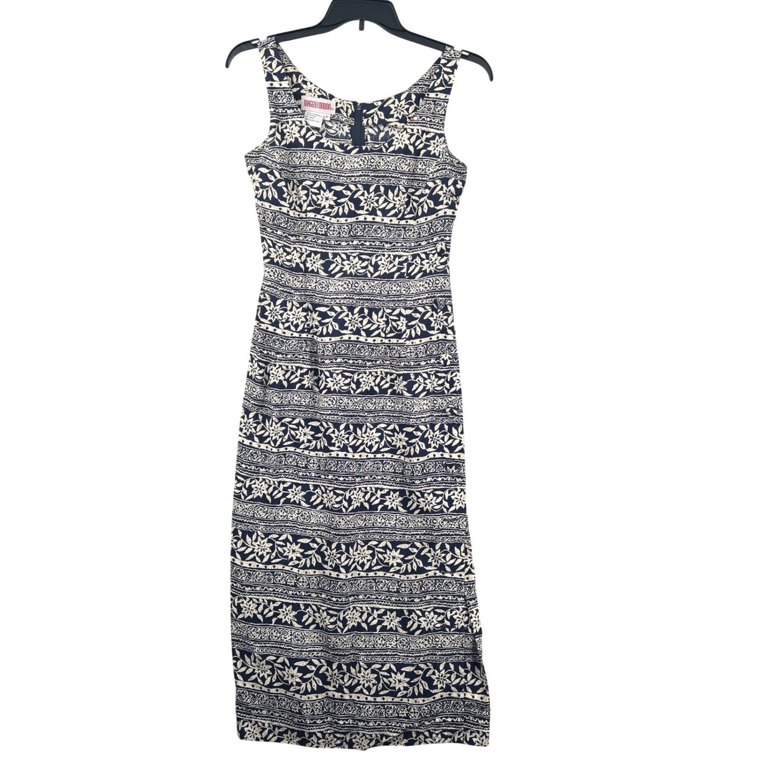 Vintage 90s Maggy London Side Button Maxi Sheath Dress Size 6 Navy Floral Batik