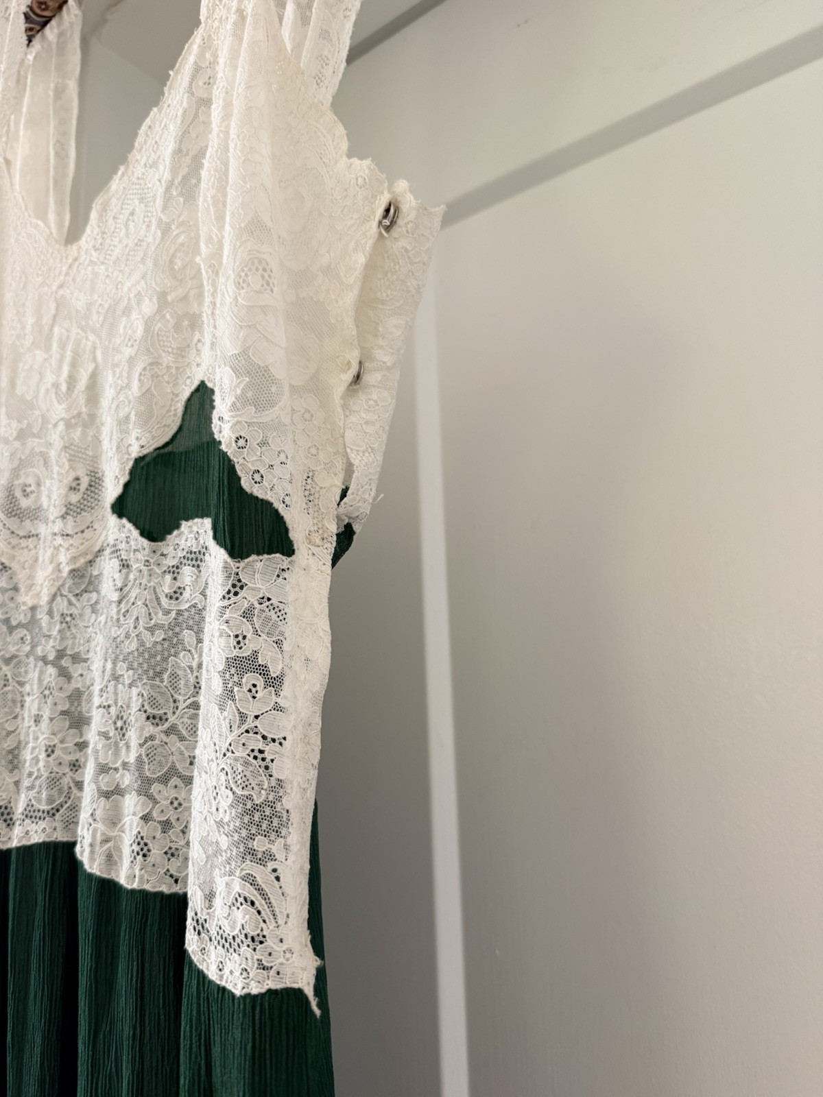 Vintage 1930s Emerald Green Silk Chiffon Lace Gown Bias Cut Sheer Slip Dress S M