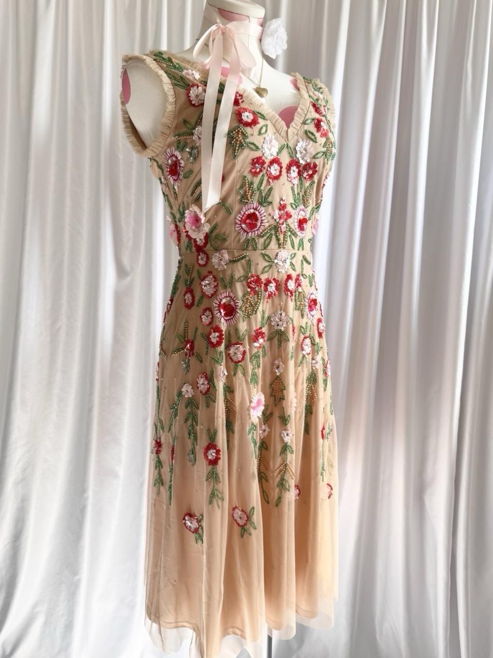 Vintage Y2K Nude Gold Fairy Beaded Sequin Ruffle Mesh Vacation Formal Gown Dress