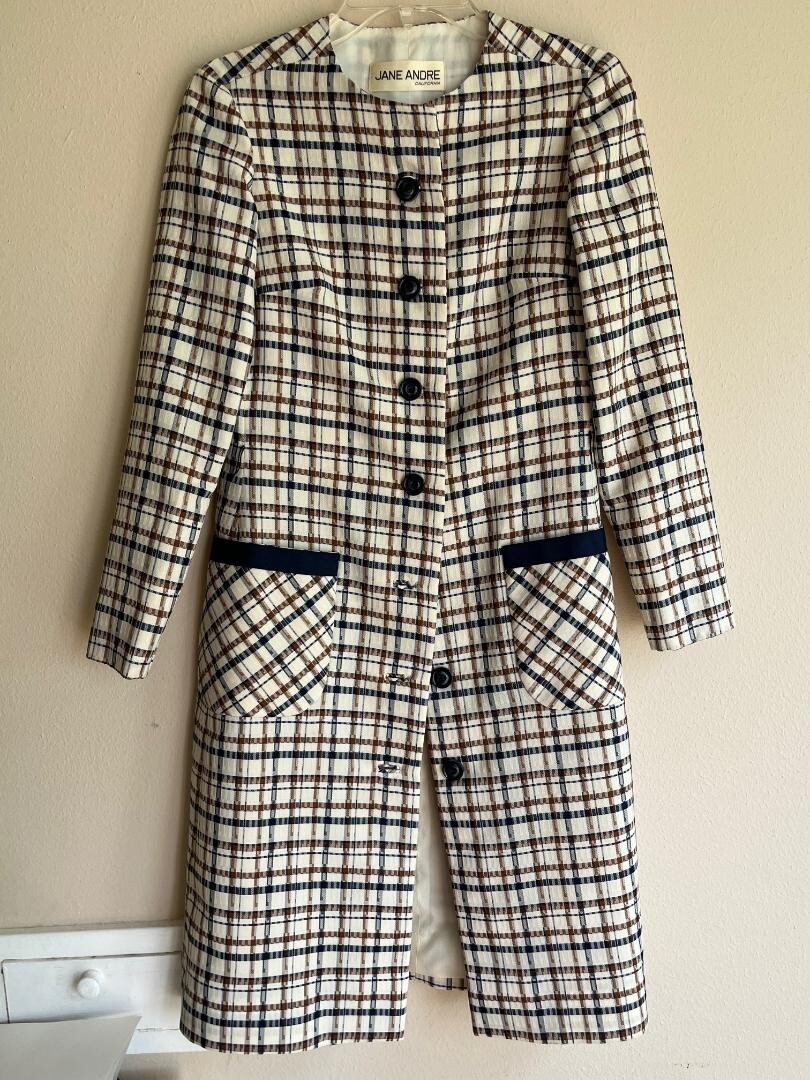 Vintage JANE ANDRE California Navy Cream Brown Plaid Fully Lined Jacket Coat SM
