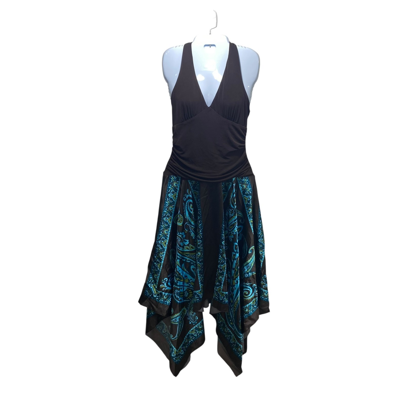 Vintage Y2K Asymetrical 90s Hankerchief VNeck Paisley Satin Halter Dress M Brown