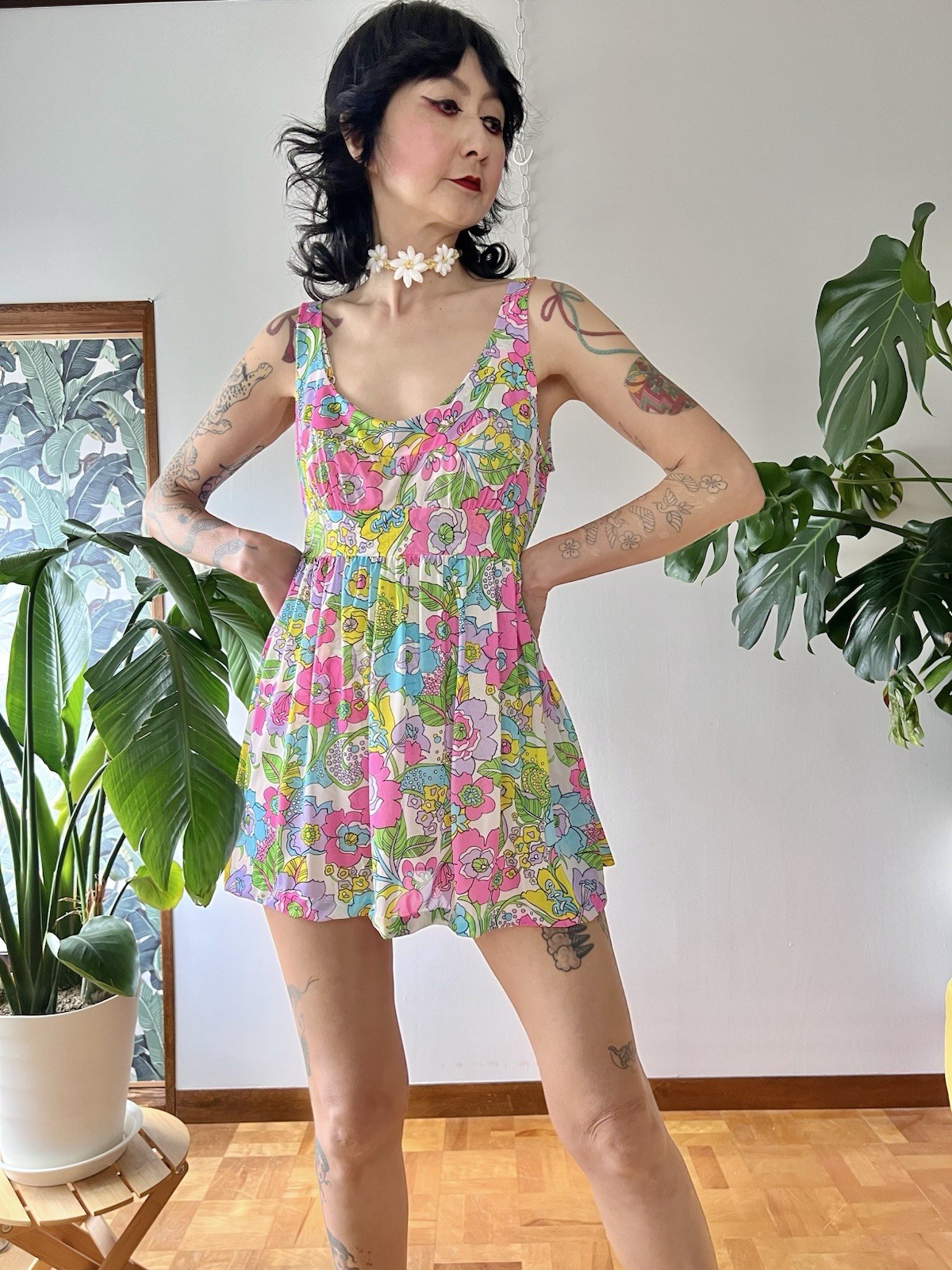 60s Mod Psychedelic Swirl Floral Babydoll Mini Dress Neon Pink Lounge Dress M/L