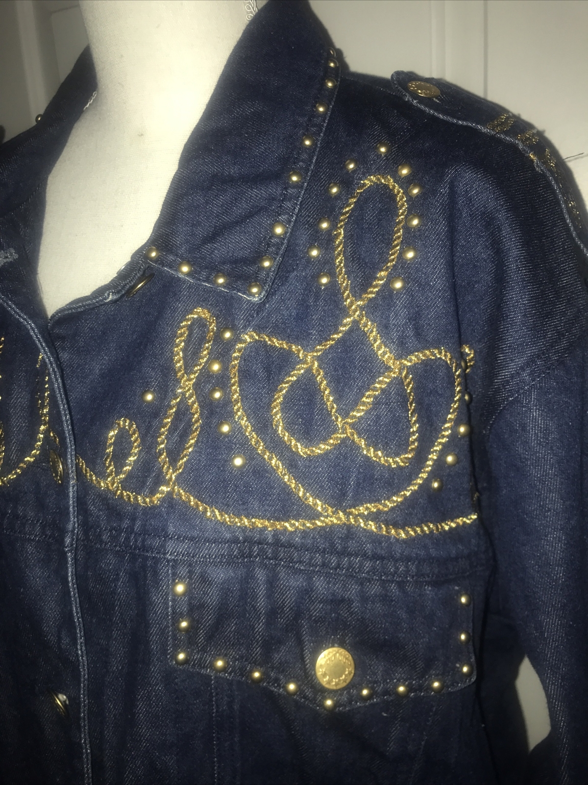 VTG CAROLE LITTLE Jacket Denim Blue Gold Studs/Rope Embroidery Size 14? (READ)