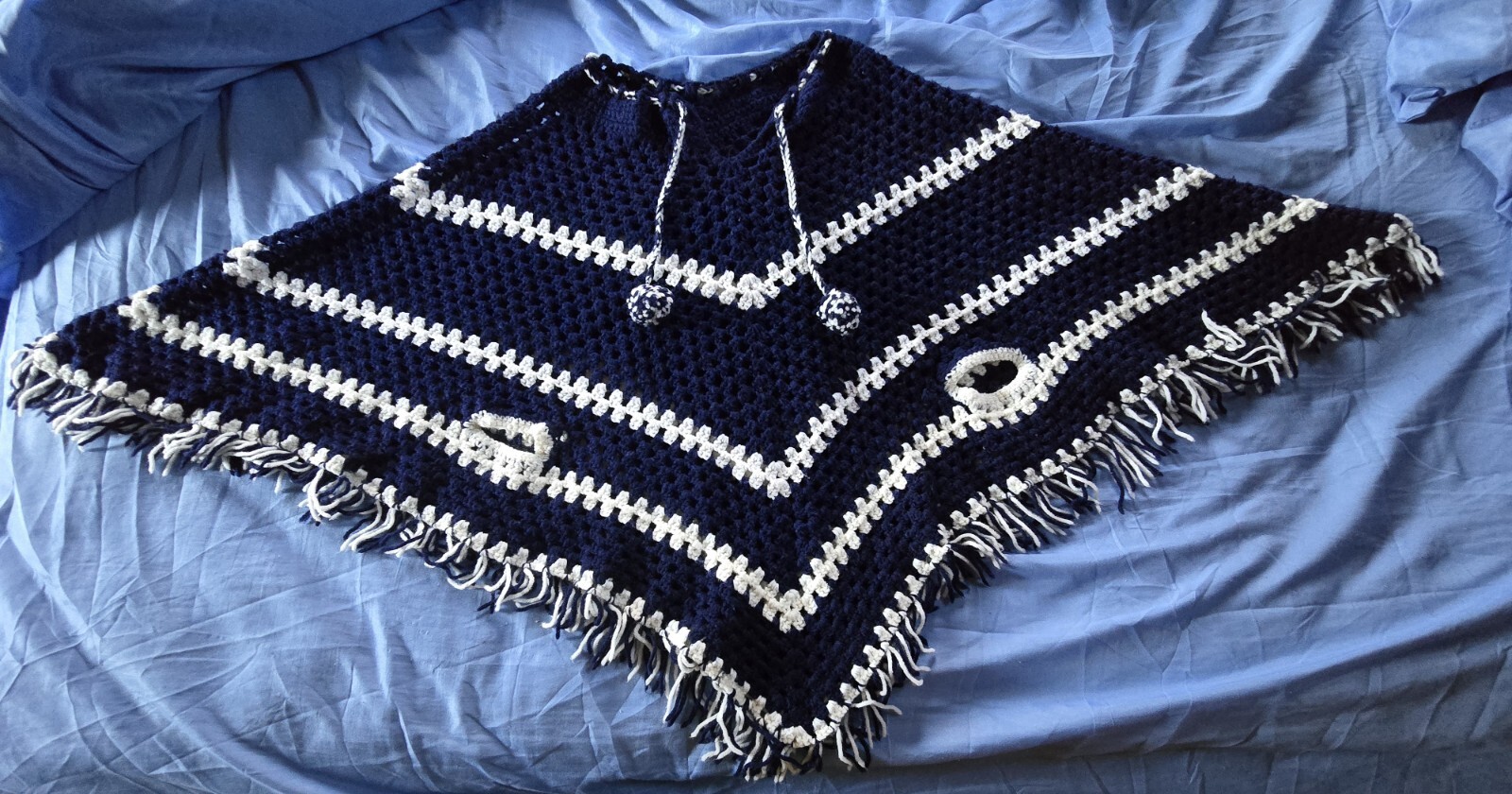 Handmade Crocheted Poncho Navy And White with hand holes