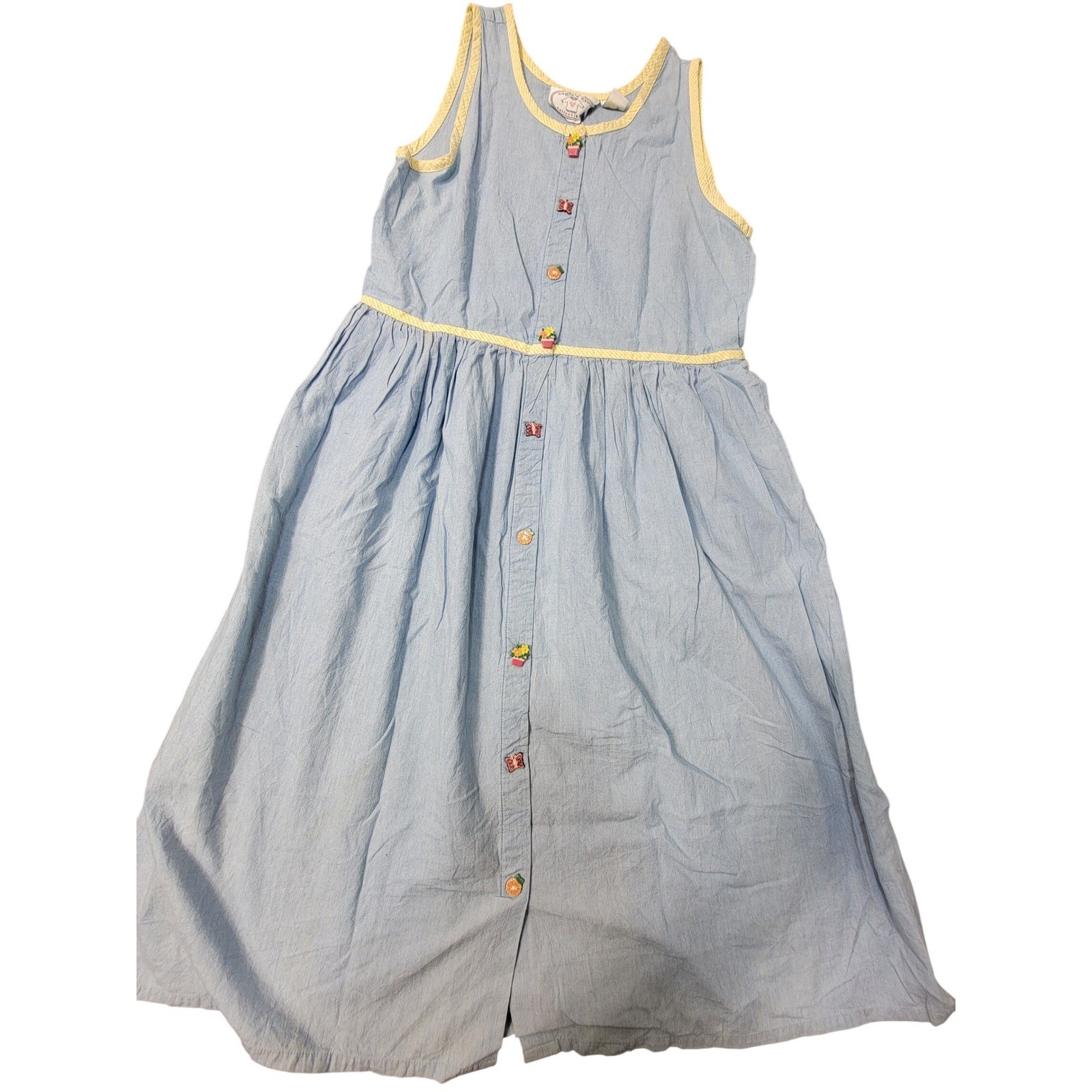Vintage Eagle’s Eye Blue Chambray Dress Yellow Gingham Trim Novelty Button Med