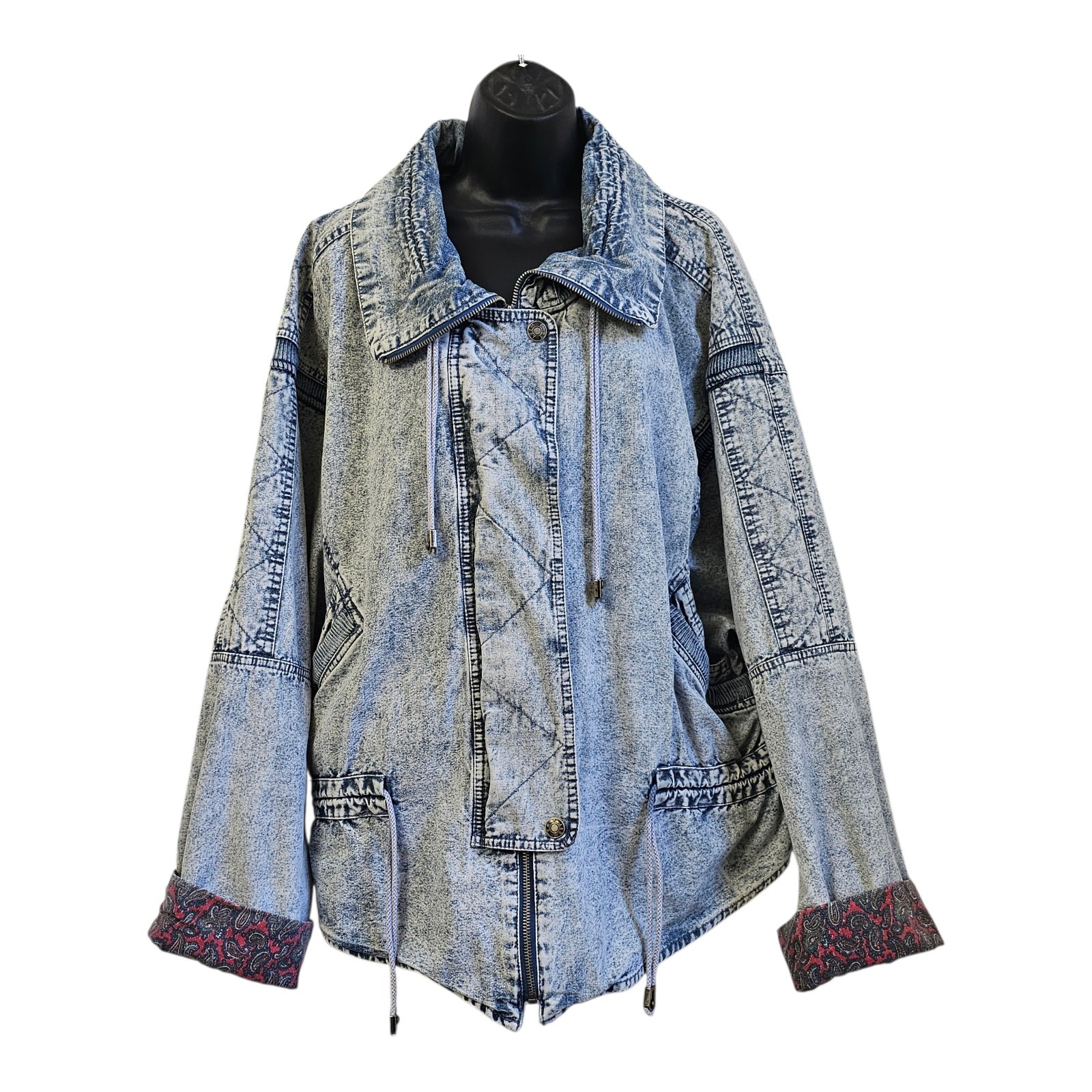 VTG 80s East West Panda Group Acid Wash Batwing Sleeve Denim Jacket Paisley L