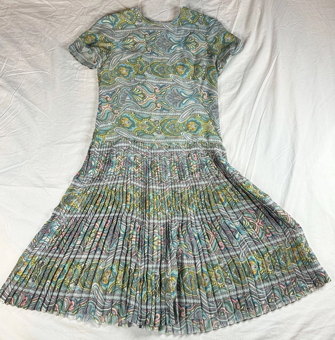🌿💙 Handmade Vintage Paisley Pleated Dress Retro Boho Midi 💙🌿