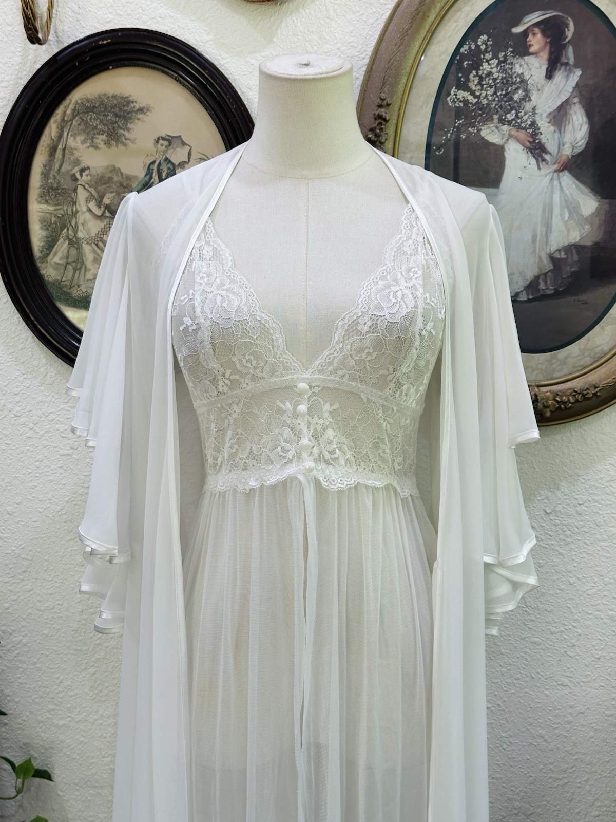 Vintage Bridal Peignoir Set | Sheer Lace Nightgown & Matching Chiffon Robe