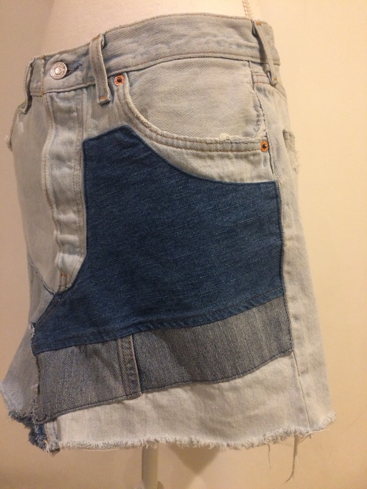 Vintage 501 Patchwork Boho Hippie Jeans Red Tab Mini Skirt Waist 32 x 15 L