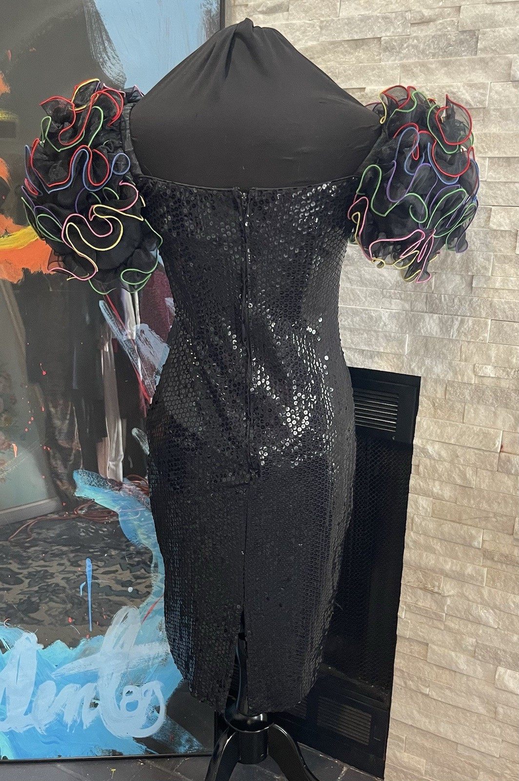 VTG 1980s Black Sequin Colorful Puff Sleeve By Cattiva Size 10 Dynasty