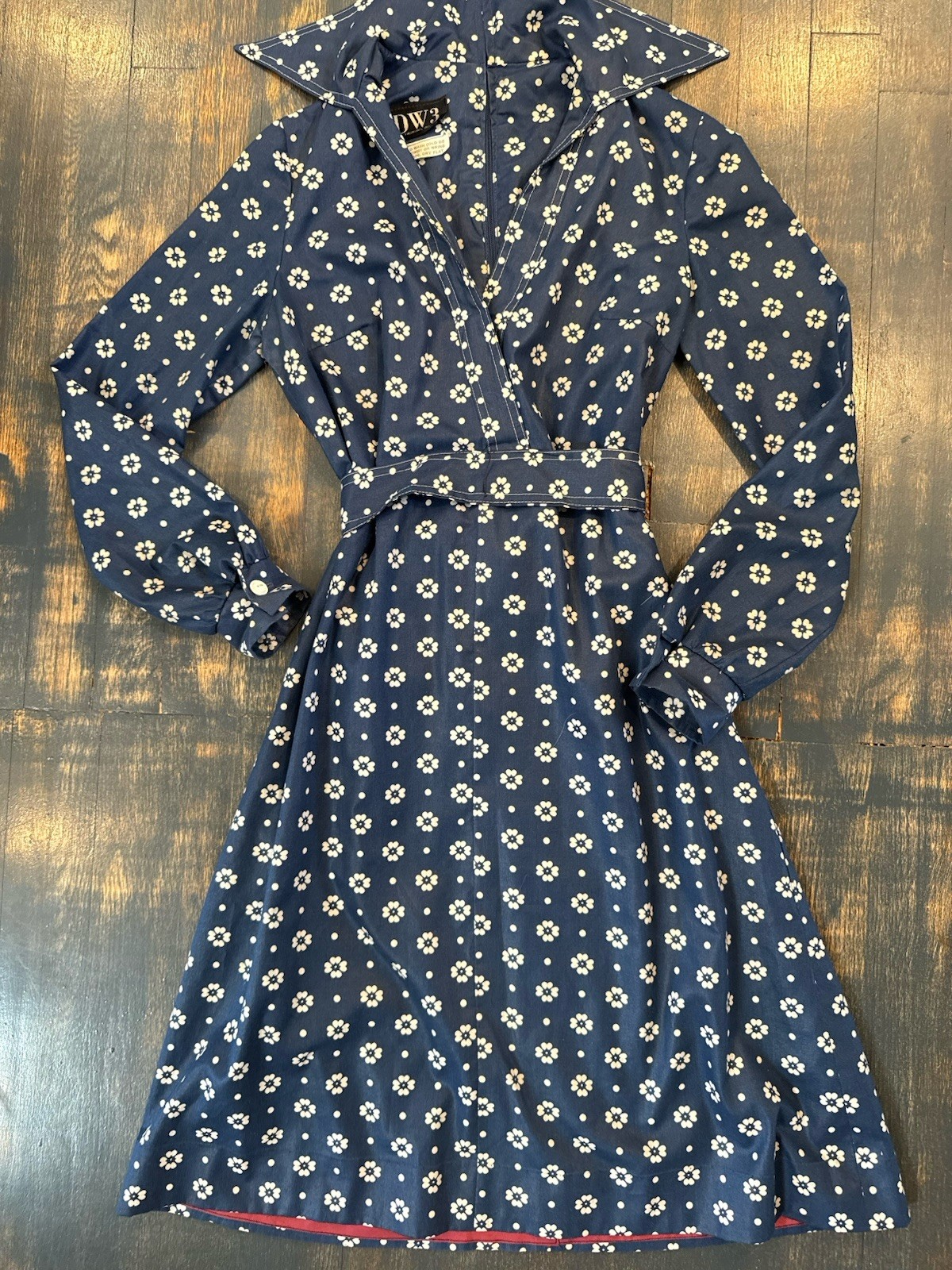 Vintage 1970s DW3 David Warren Collared Dress Navy & White Floral Belted Sz S/M