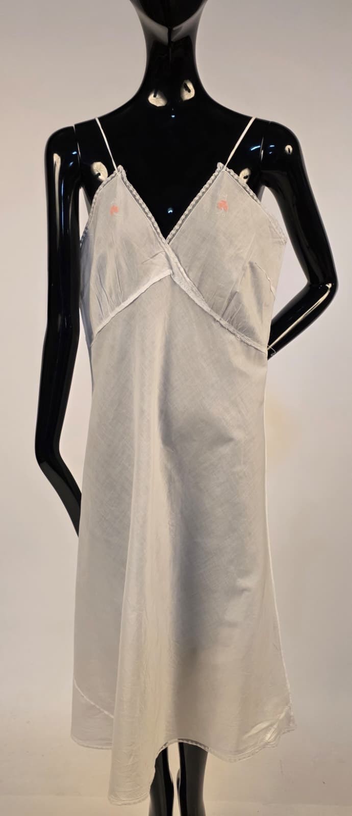 ITALIAN 1940’S COTTON SLIP DRESS W FLORAL BUST CUPS + LACE TRIM