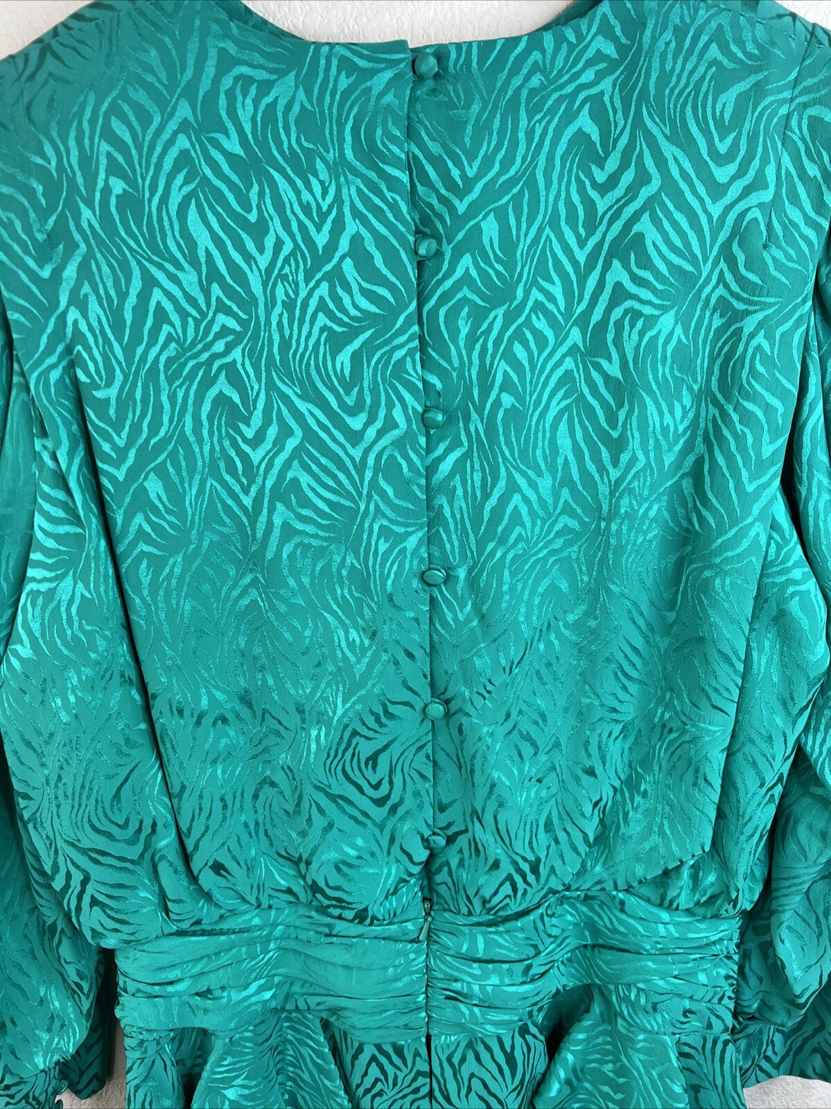 Vintage 1980s Silk Studio 100% Silk Green Black Peplum Dress Size 12 Petite