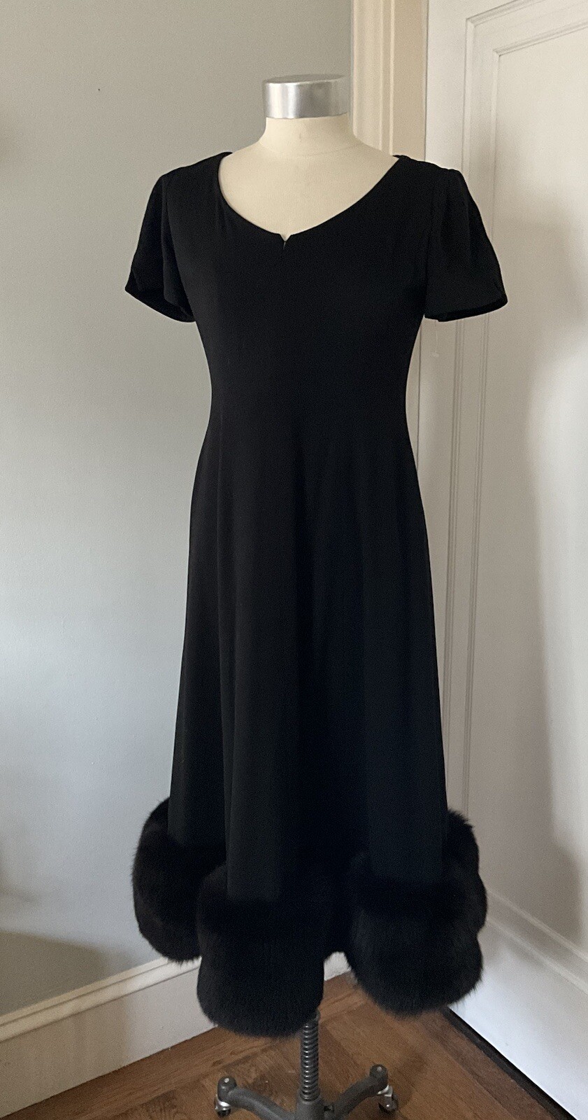 Vintage c.1965 Pauline Trigere Black Wool Dress and Bolero with Fox Fur
