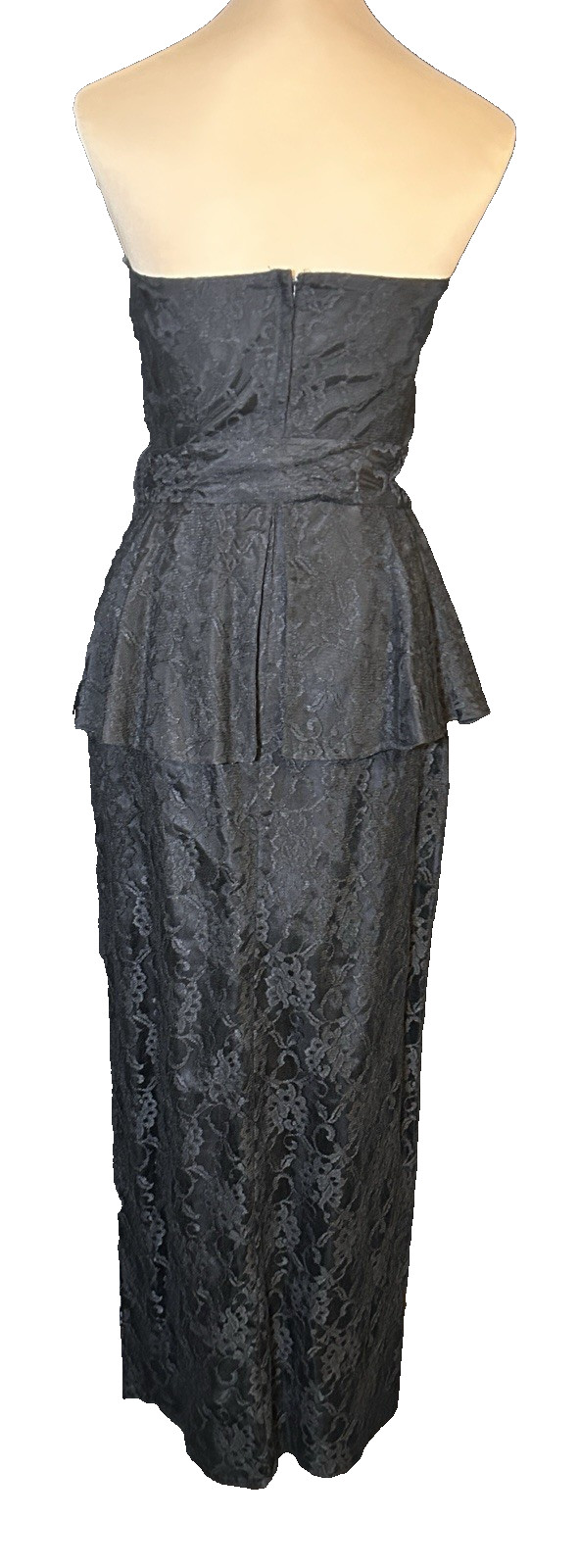 Vintage Strapless Bustier Dress Gown Black Lace Satin Pencil Peplum Witchy