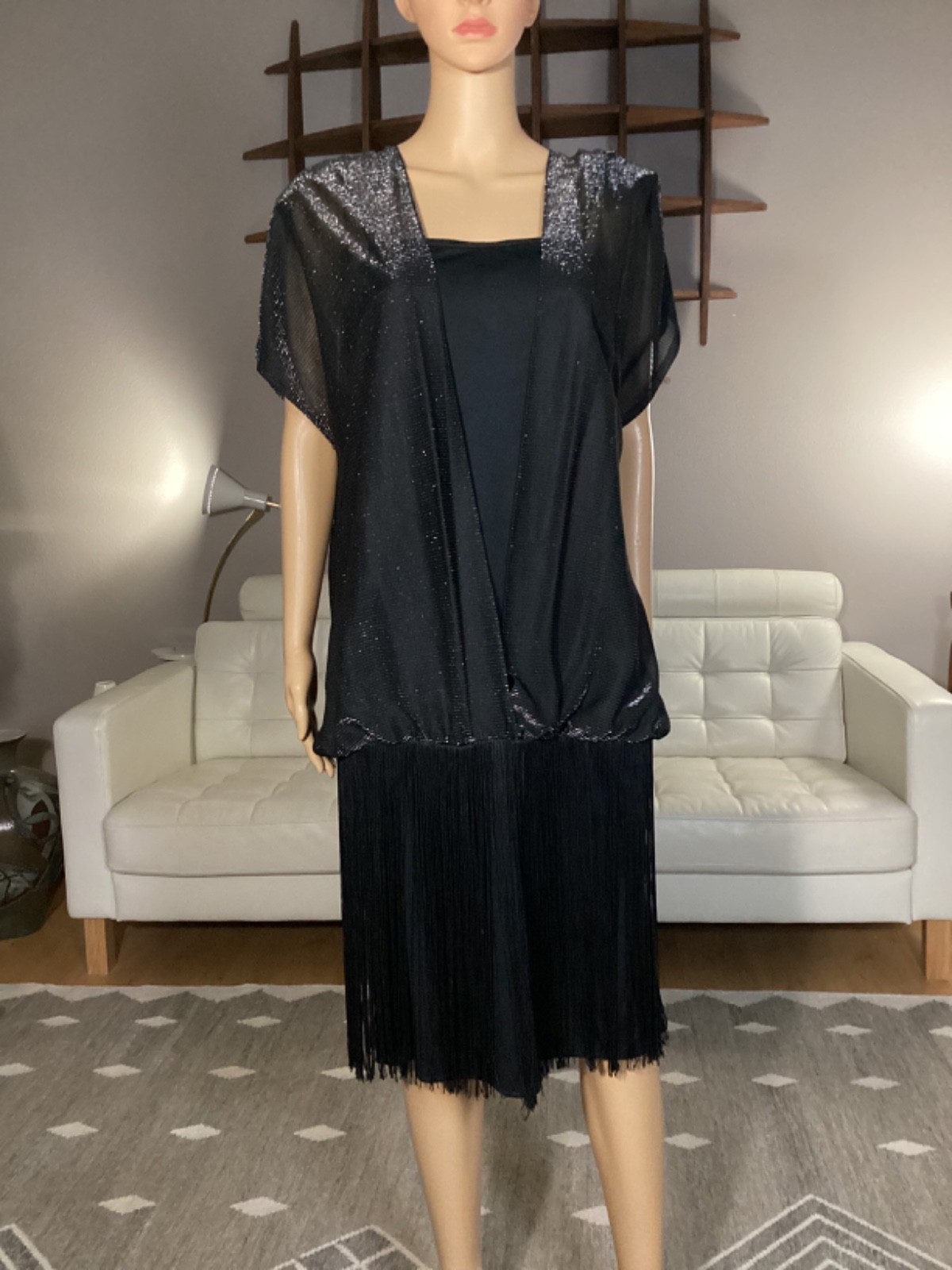 Vintage 80’s Barone Black Fringe Metallic Silver Cocktail Party Dress Sz 10