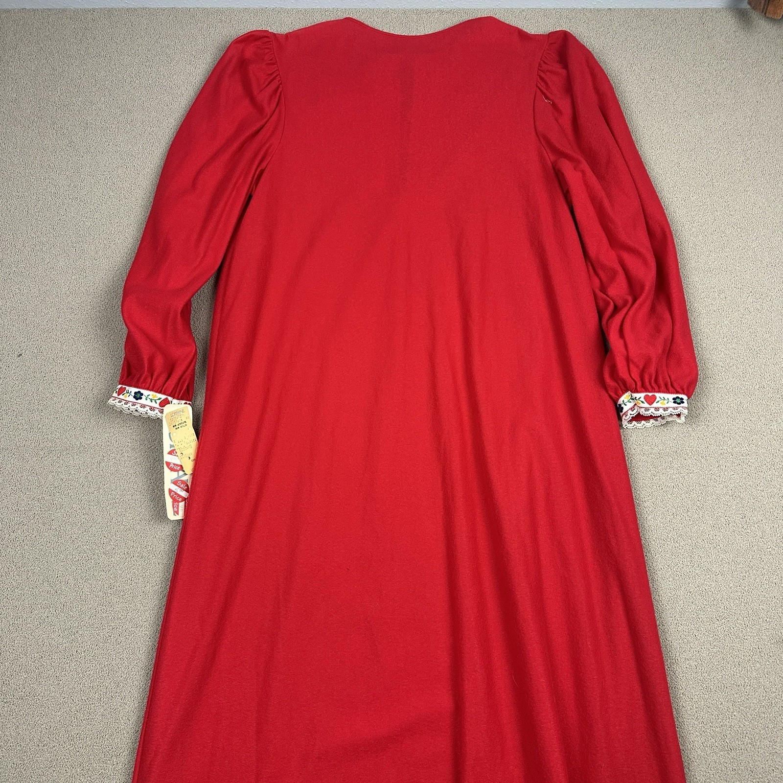 New Vtg Lorraine Long Nightgown Acetate Thin Fleece Red Floral Lace Trim Sz S