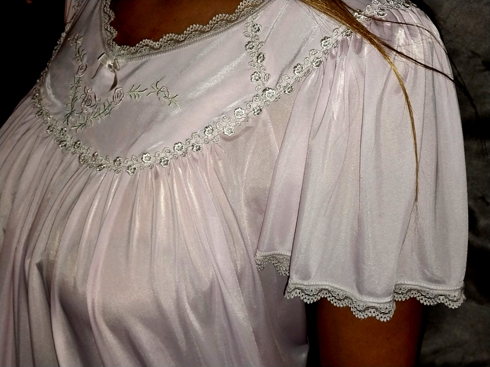 VTG SILKY TISSUE SHEER NYLON LILAC MISS ELAINE SILK BABYDOLL NIGHTGOWN LILAC L