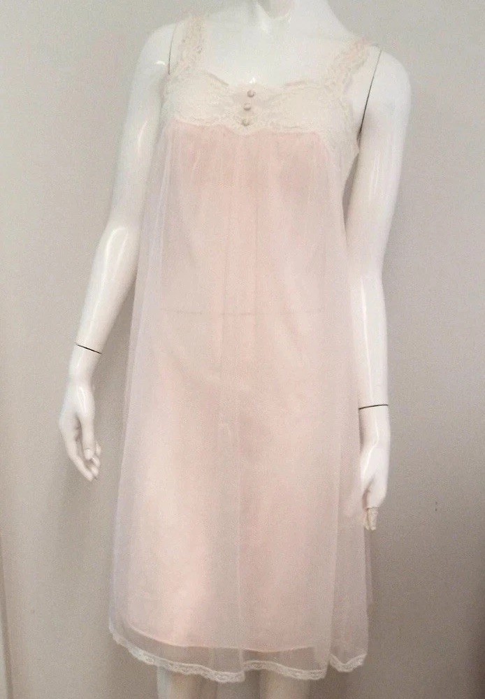 Vintage Warner Laros Nylon Double Layer Pink Sheer Night Gown 32 Bra Top Lace