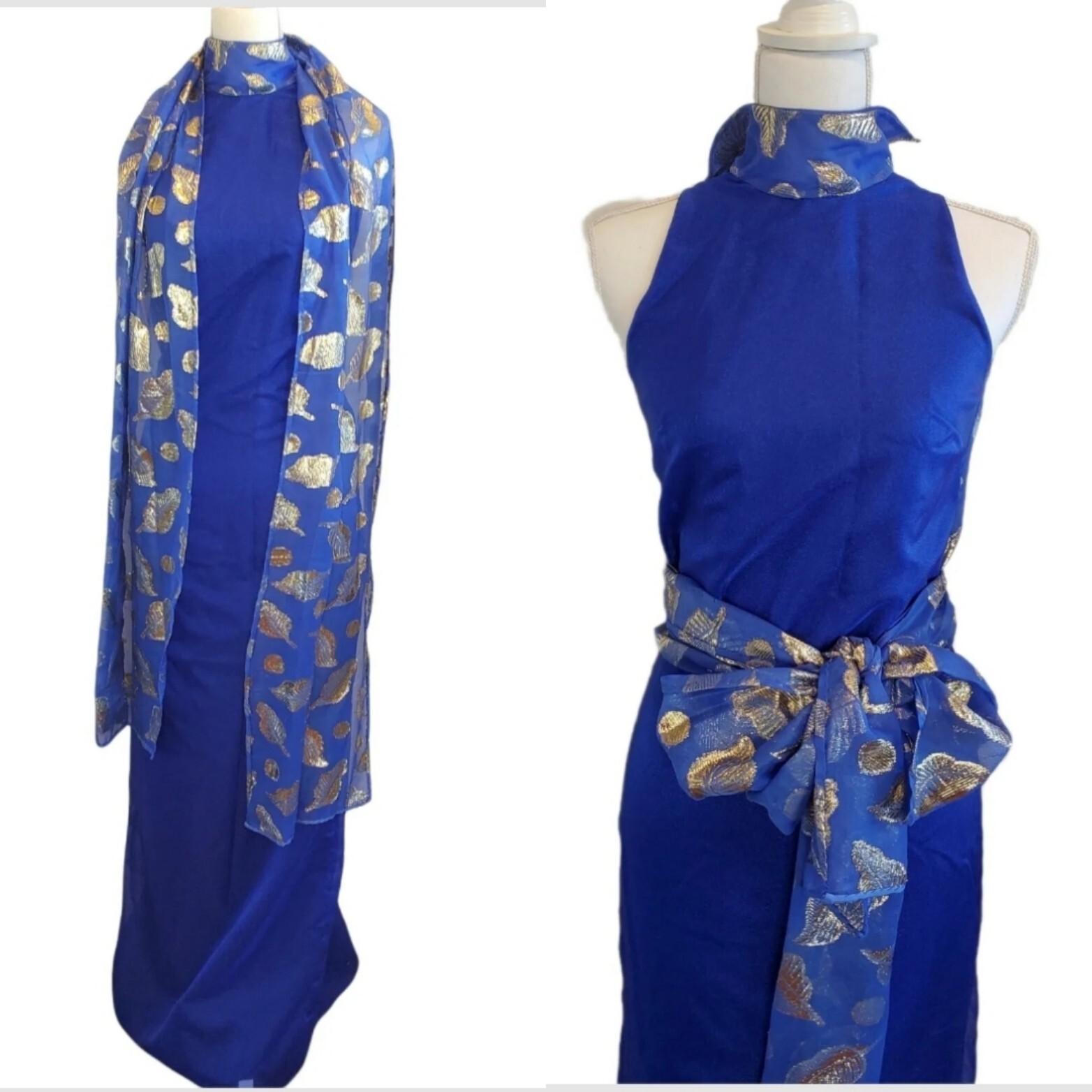 Vintage Formal Hostess Dress Royal Blue Chiffon Gold Leaf Scarf XS Floor Length