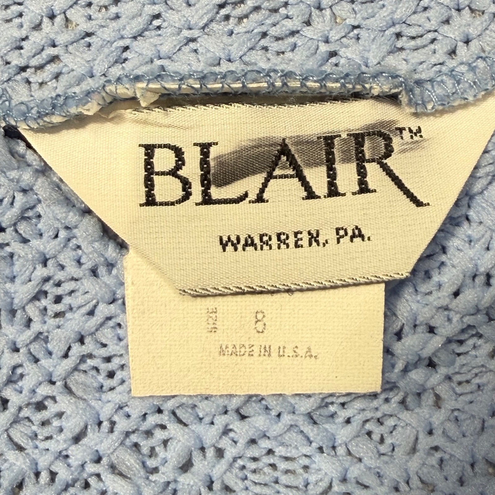 Vintage Blair Blue Textured Knit Cap Sleeve Top Size 8 90s Made in USA
