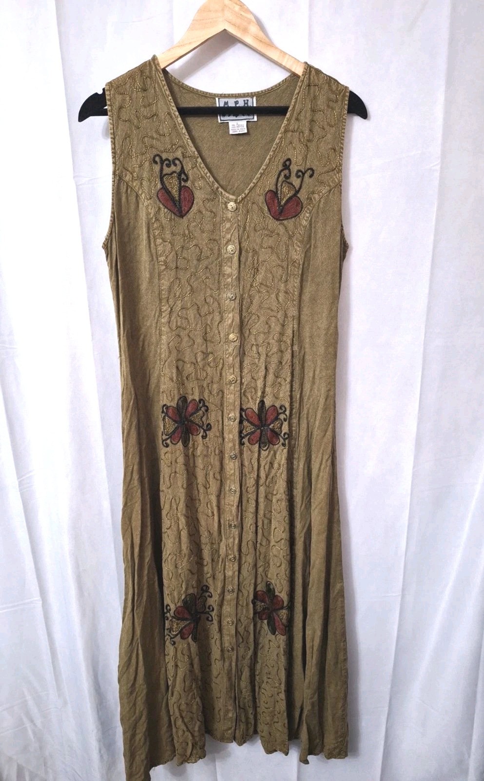 Vintage Cottagecore Button Down Embroidered Maxi Dress Sz L 90’s Bohemian Resort