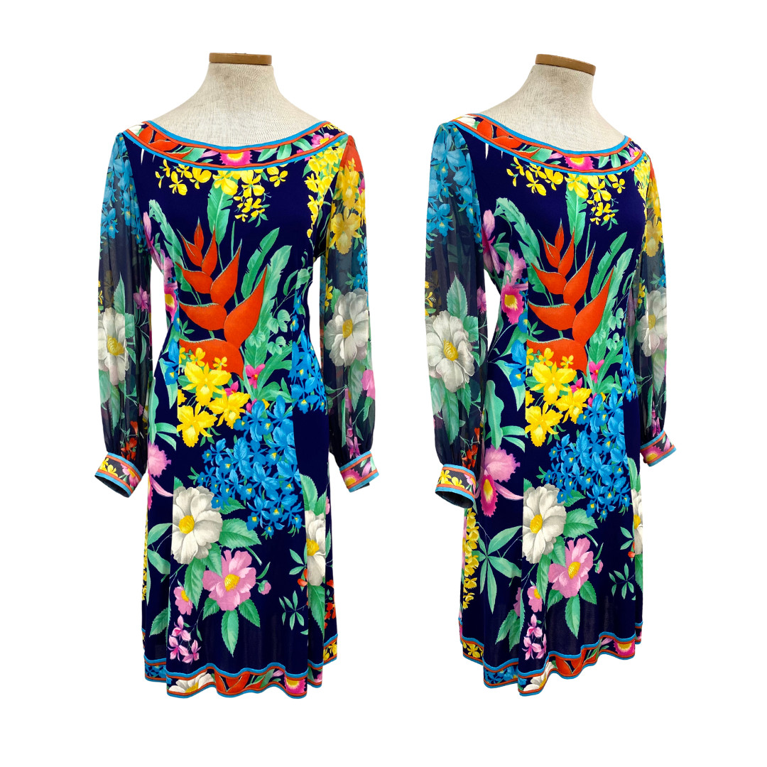 Vtg 90s Leonard Of Paris Signature Signed Sheer Jersey Tropical Floral Dress