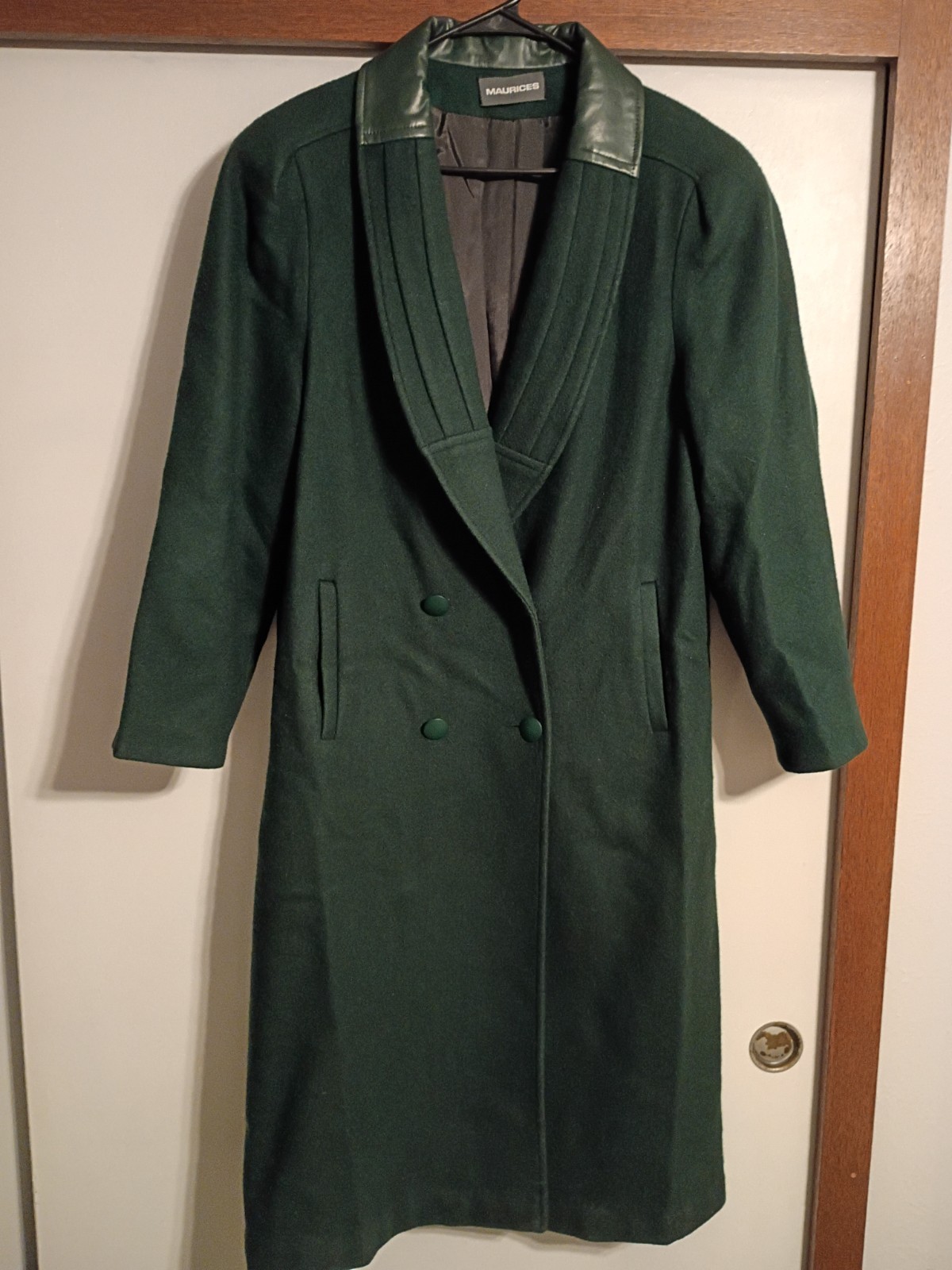 Vintage Maurices Women Size M L Forest Green Long Wool Coat with Leather Trim
