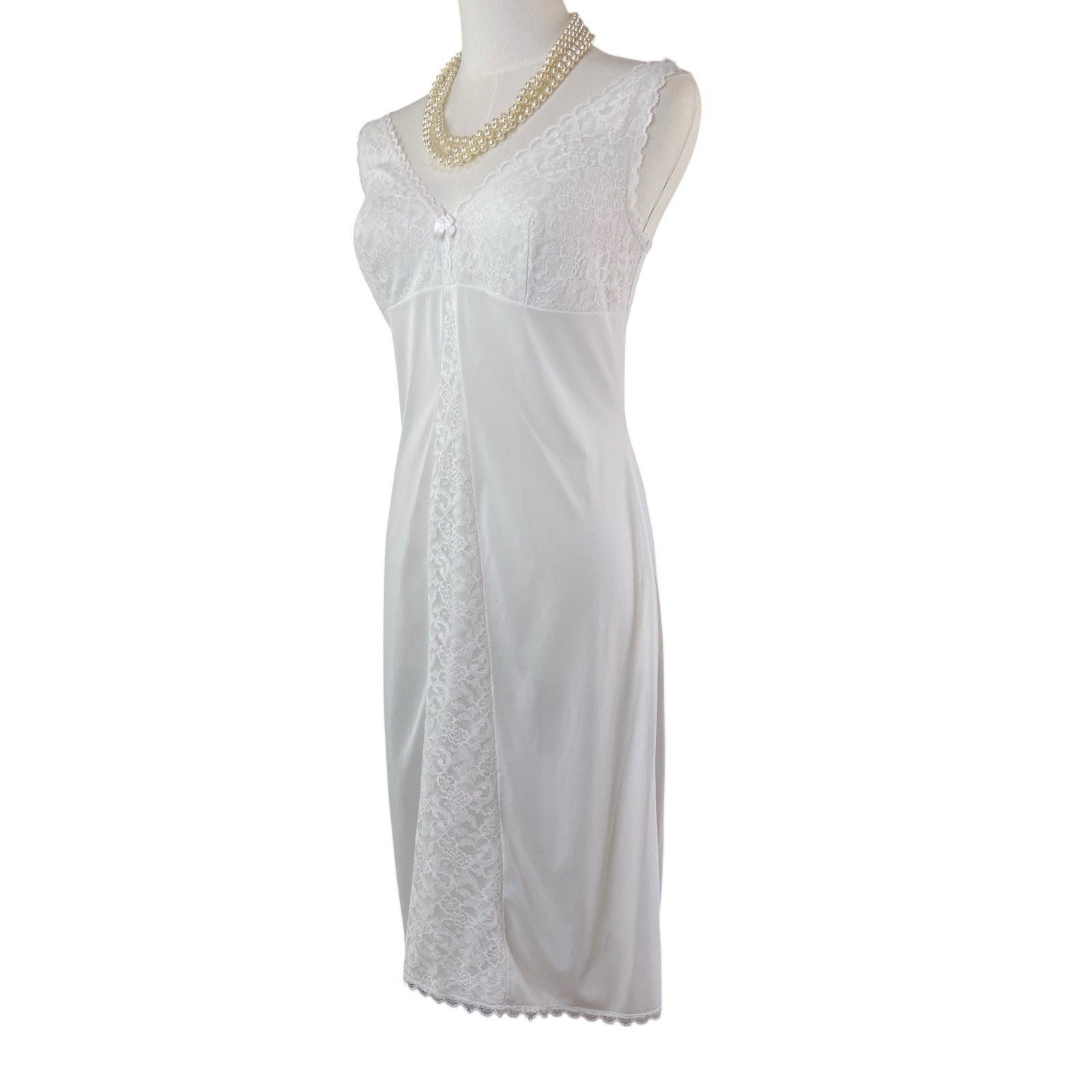 Vintage 60s Germany Mona White Nylon & Lace Wide Strap Full Slip Dress Size M