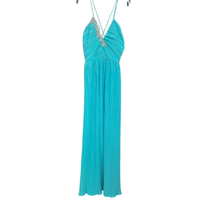 Vintage Lee Jordan NY Aqua Pleated Gown Beaded Halter Maxi Dress USA Small