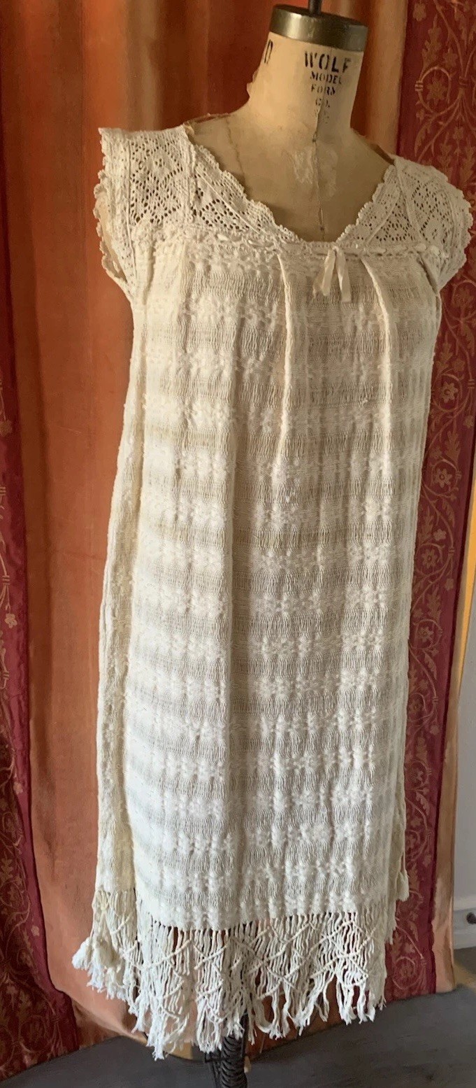 Vintage Hand Woven Cotton 60’s 70’s Dress With Crochet