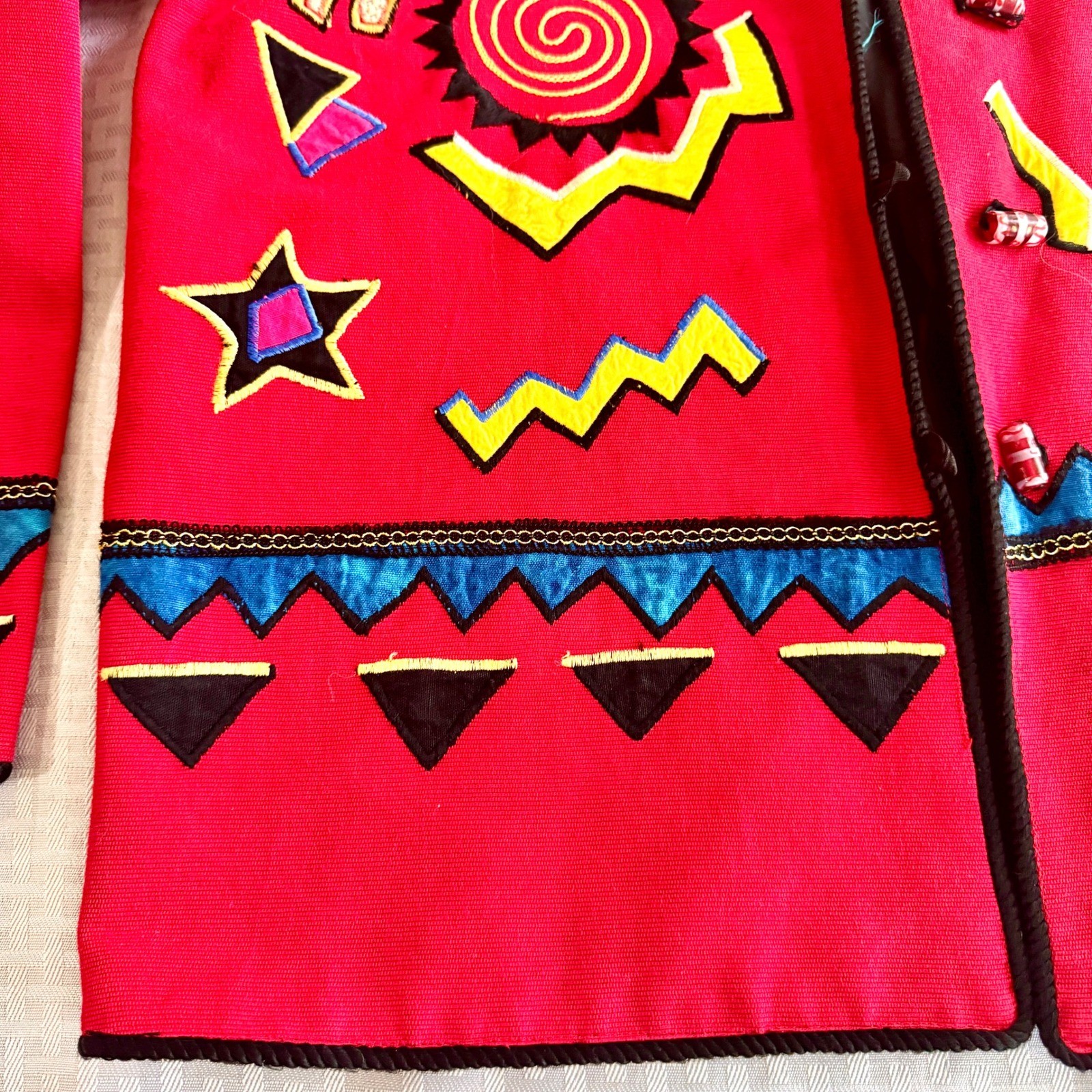 Indigo Moon Vintage Wearable Art Jacket Red Celestial Animal Embroidered Small