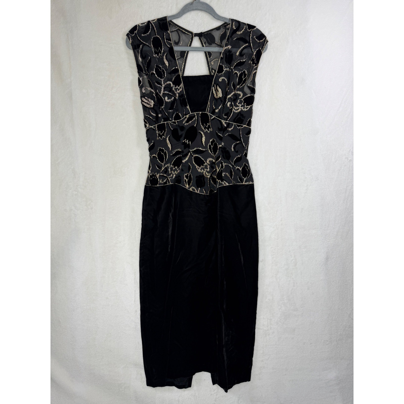 New Leaf by Samir Vintage Black Velvet Devore Gold Floral Midi Dress 9931 S 9/10