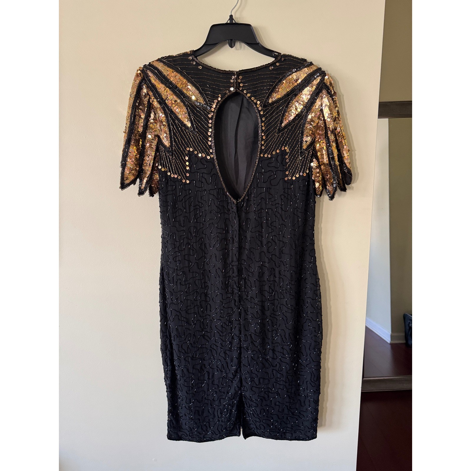 Stenay Vintage 80s Silk Beaded Sequin Dress Black Gold Art Deco Keyhole Back 8