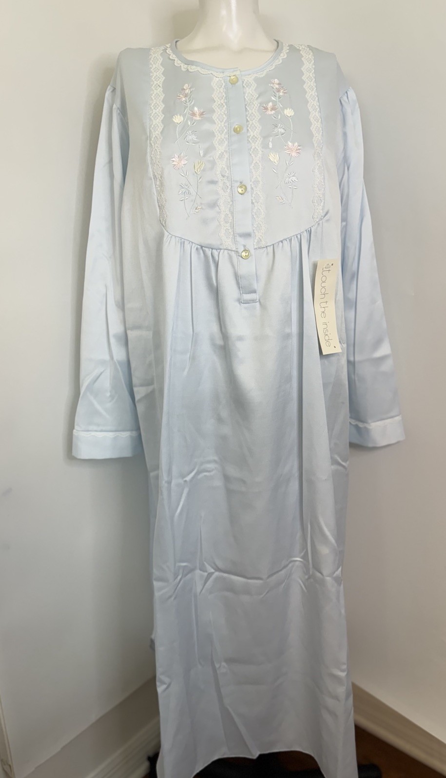 Vintage Miss Elaine XL Granny Long Nightgown Gown Lt Blue Embroidered Lace NWT