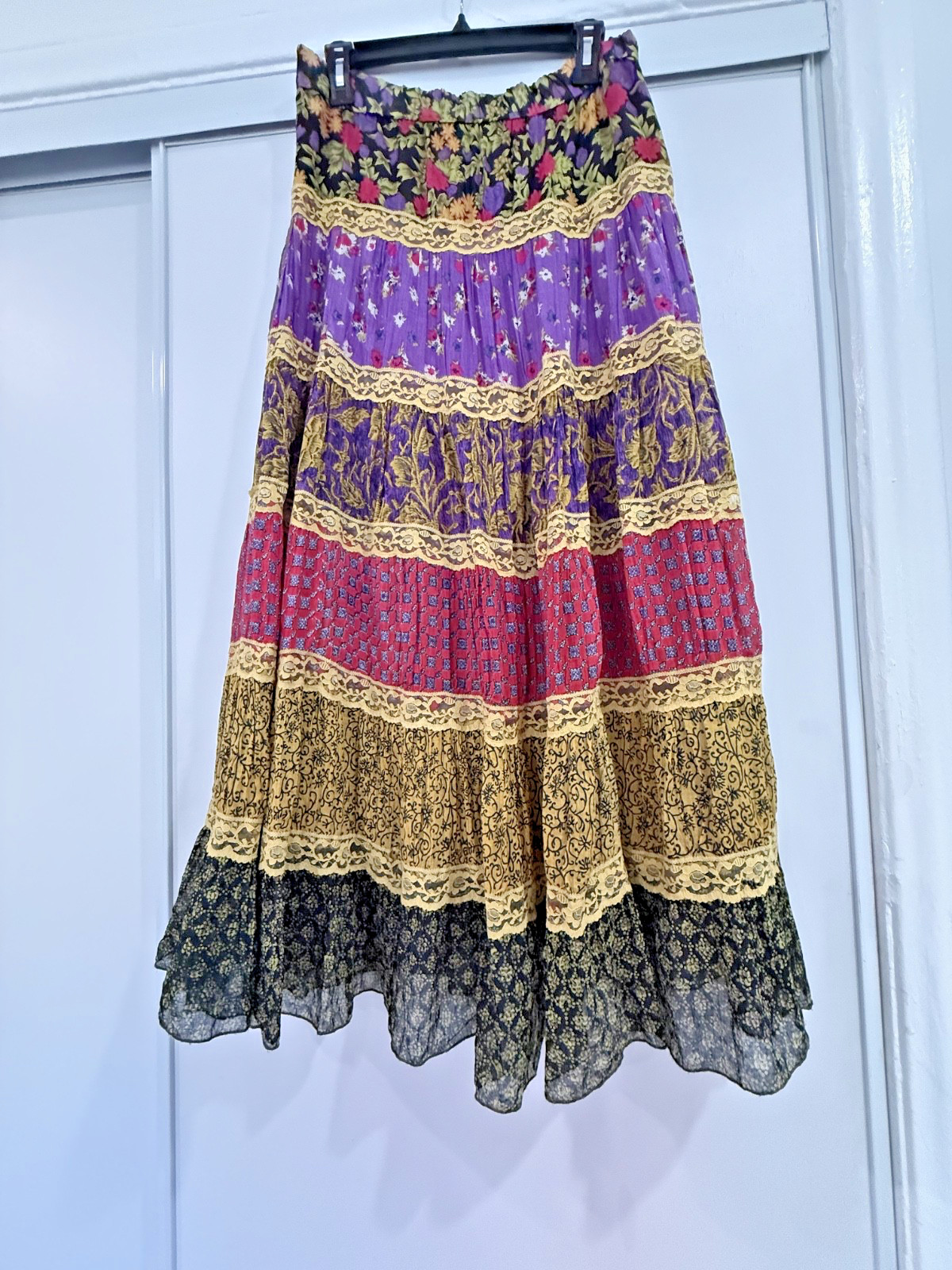 VINTAGE Patchwork Maxi Skirt with Tiered Bohemian Floral Print 100% Cotton