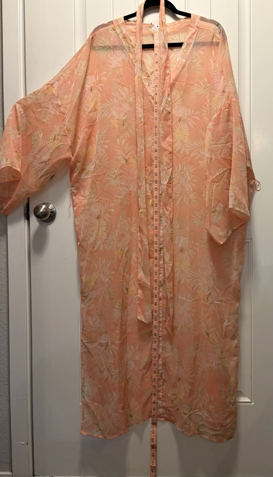Kimono Kaftan Swimsuit Cover Up Duster Peach Coral With Belt 51” Long 27” Wide