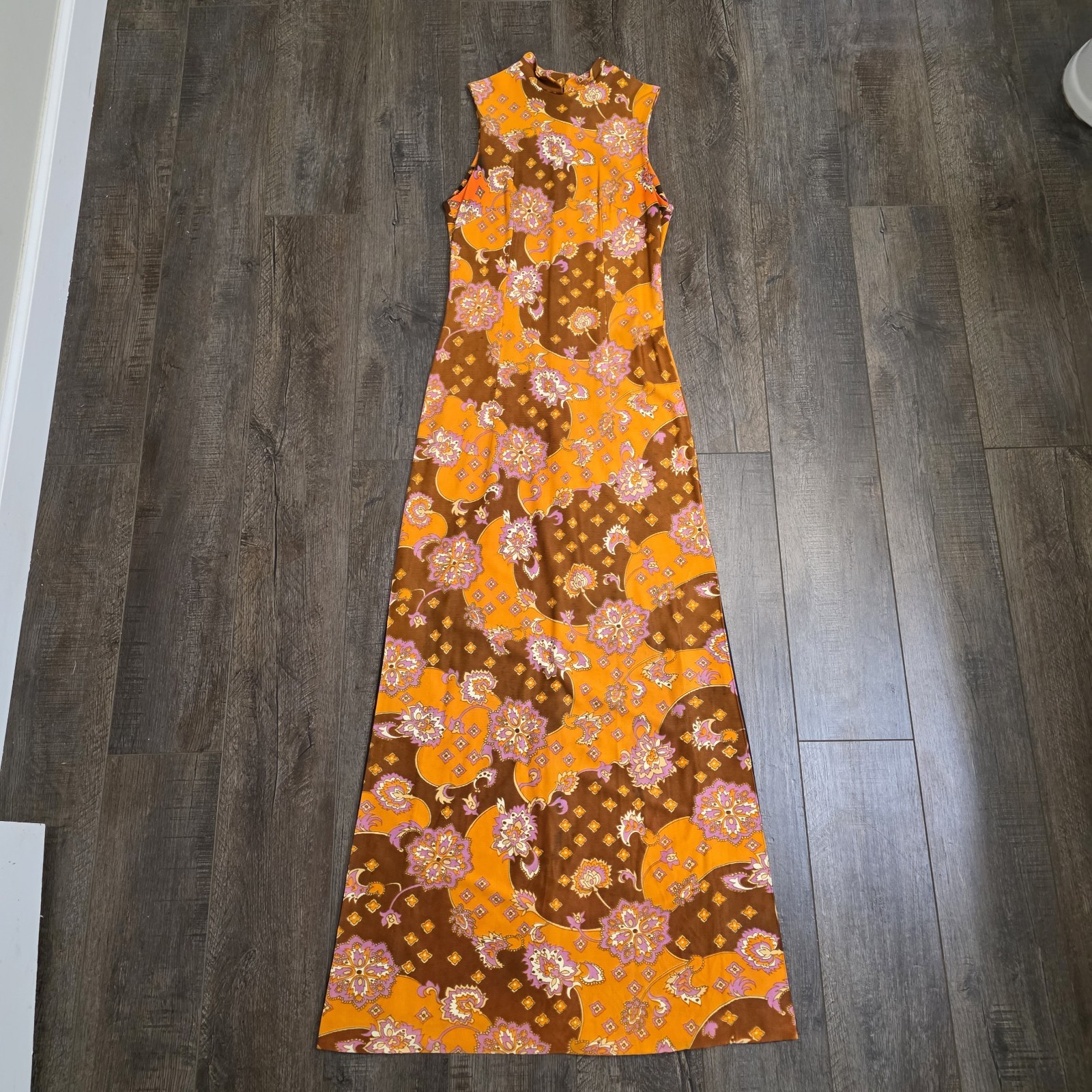 Vintage 60s 70s Maxi Dress Size 11 Orange Brown Floral Hippy Psychedelic Acetate