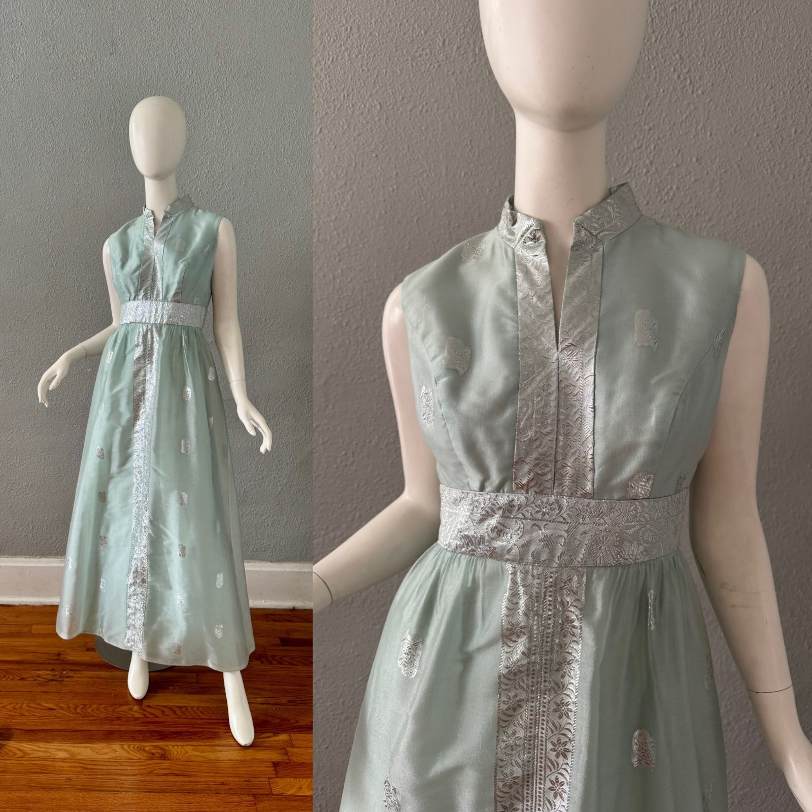 Vintage 60s Silver Metallic Blue Brocade Hostess Party Maxi Dress M