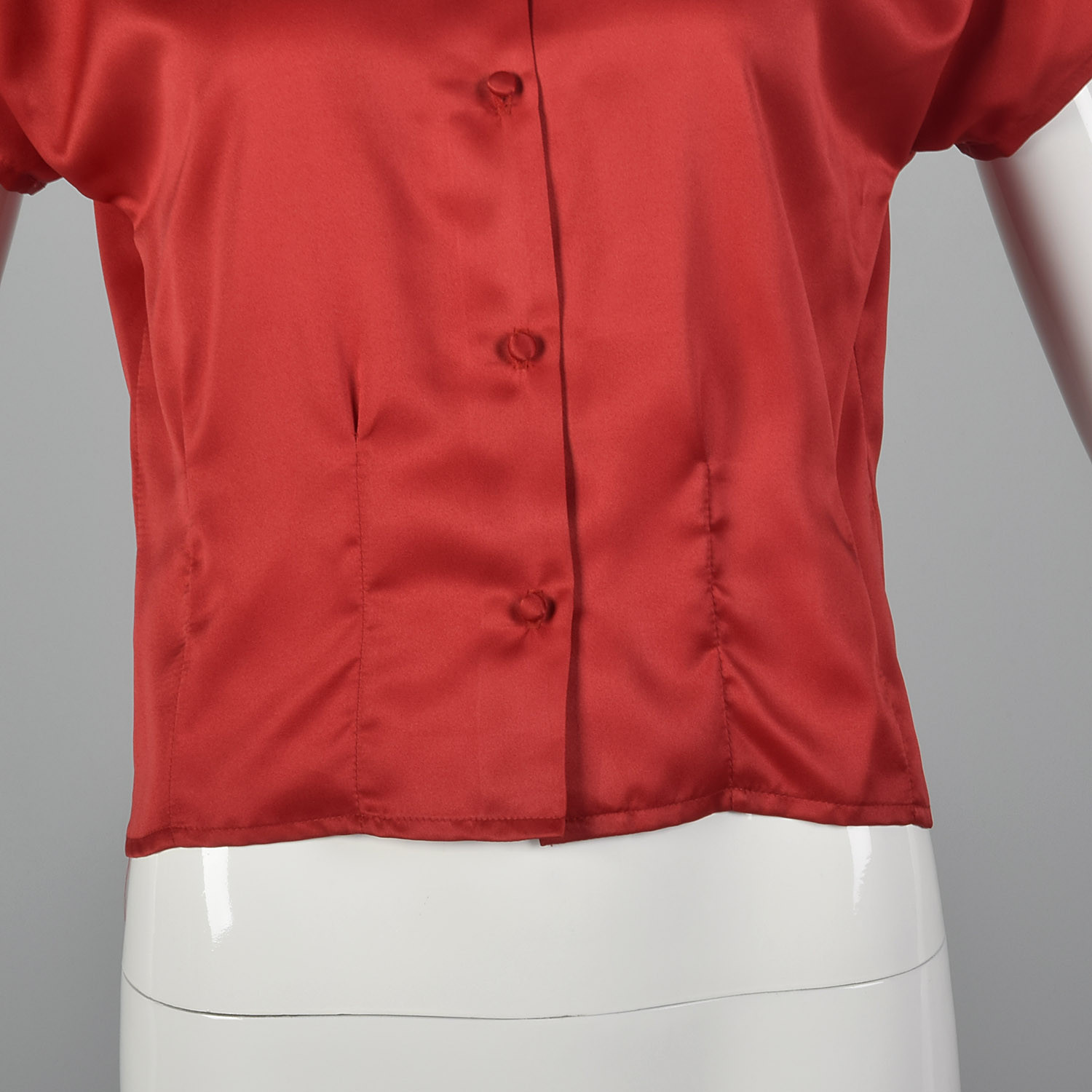 S 1960s Silky Red Blouse Top Short Dolman Sleeves Pin Up Separates Neck Bow 60s