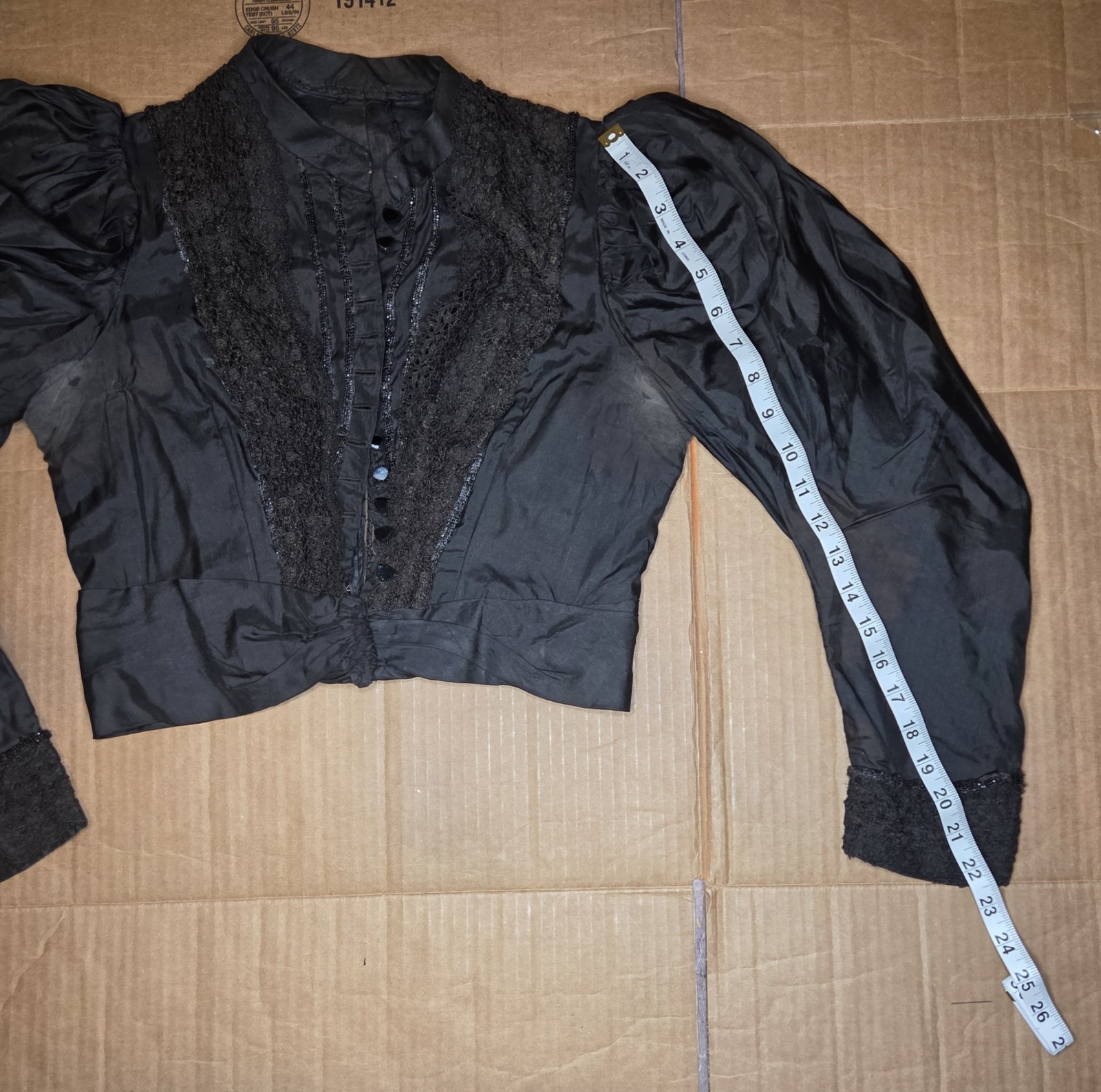 Black Victorian Silk Leg Of Mutton Sleeved Bodice With Lace & Glass Buttons READ