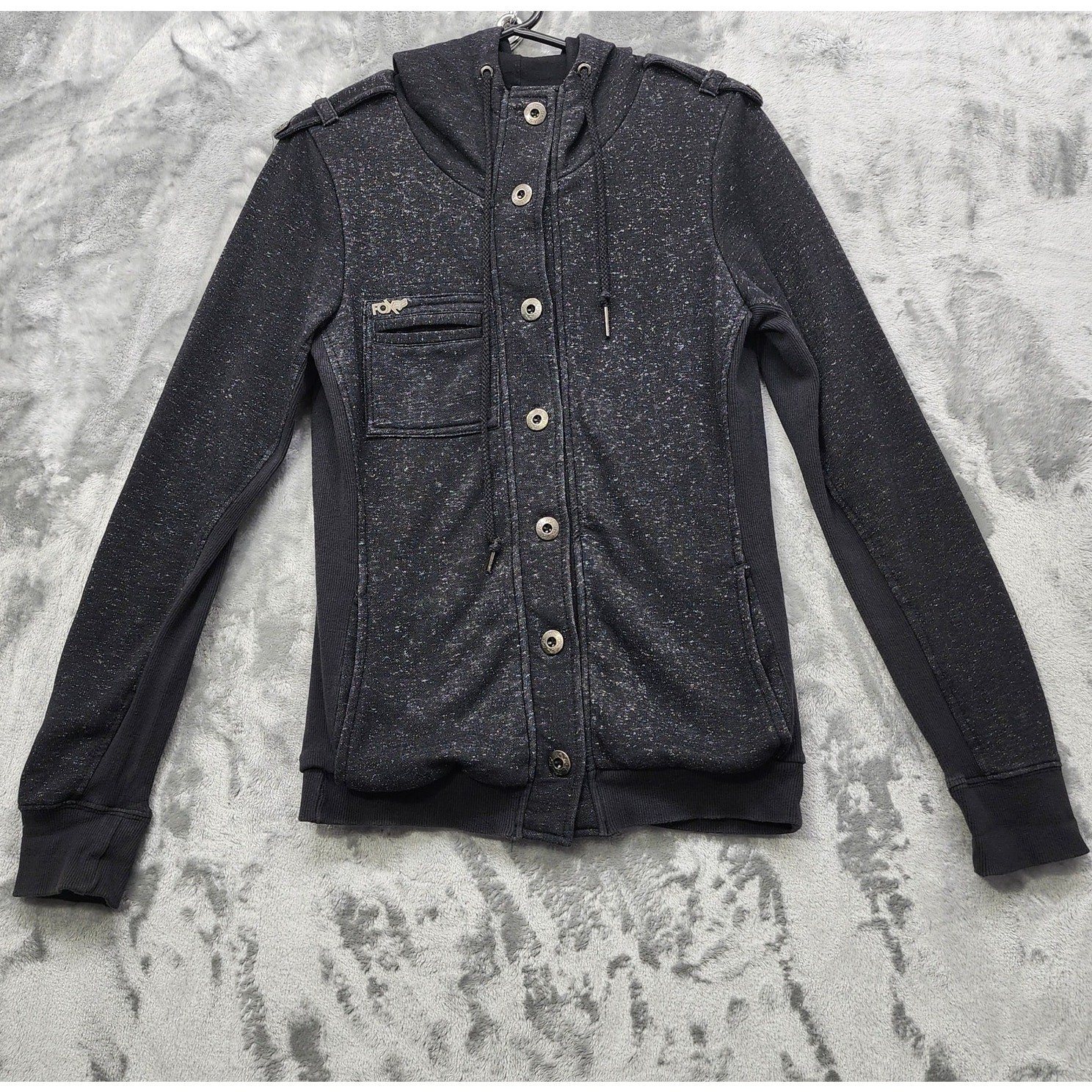 Vintage Fox Racing Jacket Women L Black Speckled Knit Button Front Hooded Casual
