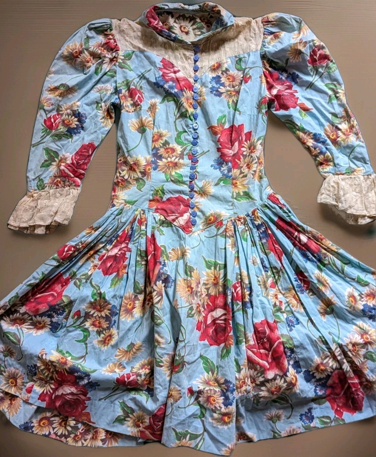 Vintage 1940s Princess Cut Puff Sleeve Floral Costume Novelty Print Dress XS