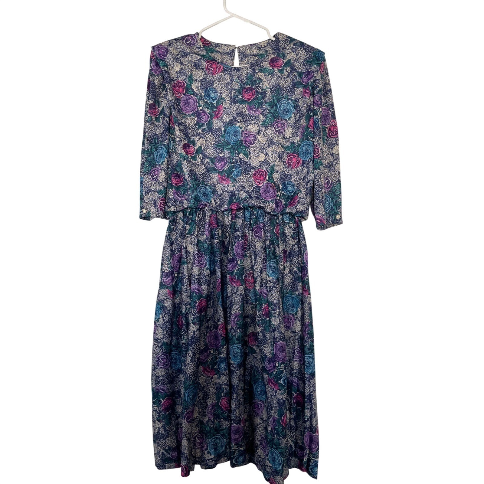 Vintage MCS Ltd New York Floral Midi Dress Purple Blue 3/4 Sleeve Made in USA