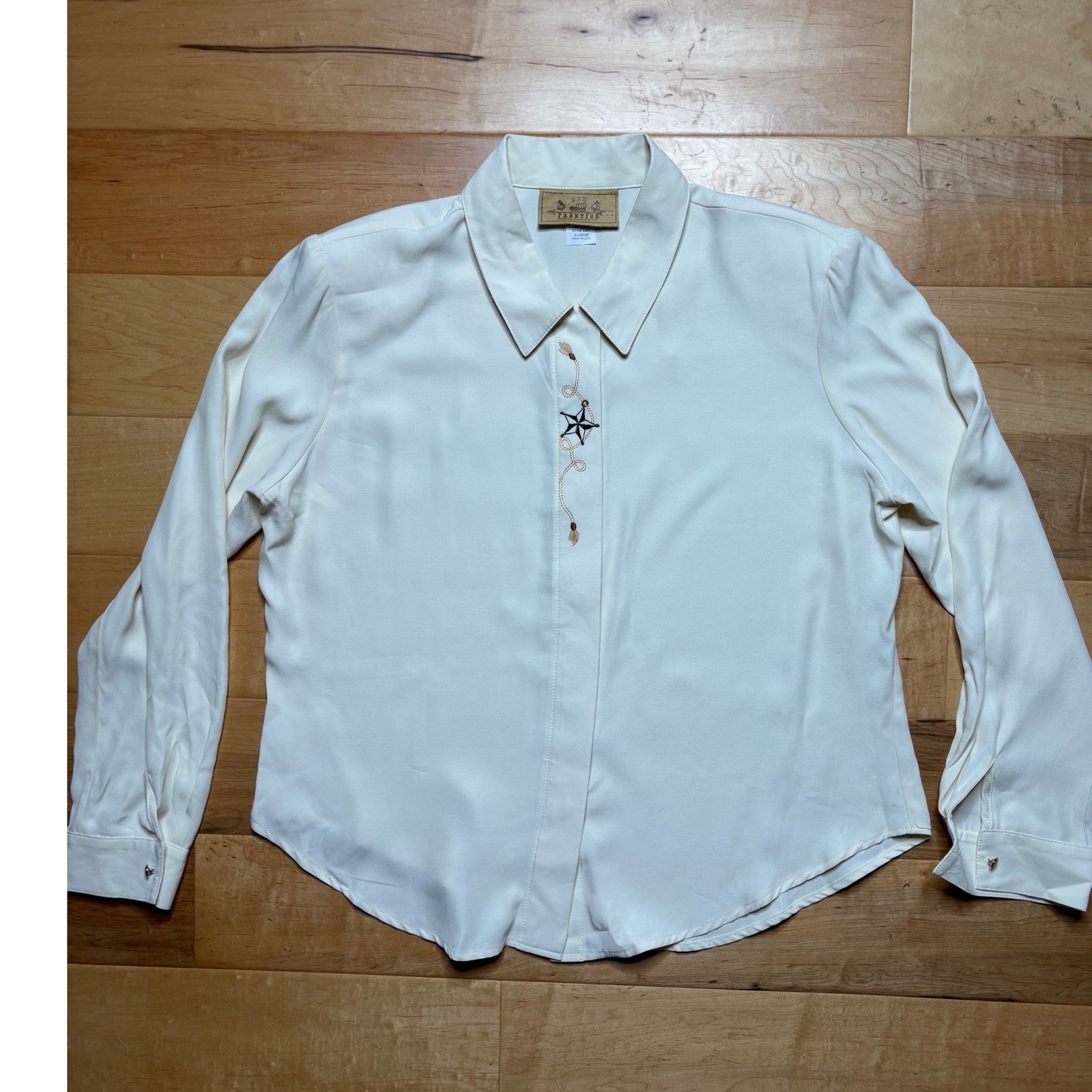 New Frontier Blouse Women XL Cream Western Embroidered Star Long Sleeve USA Made