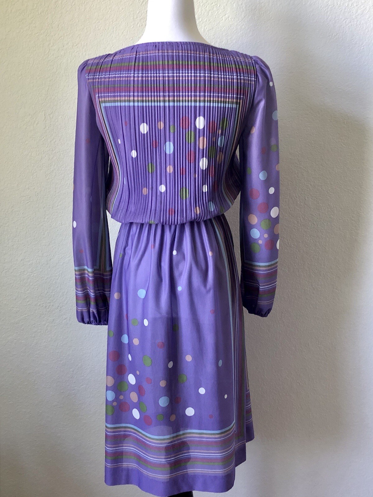 Vintage Sue Brett Purple Multi Blouson Dress Semi Sheer Stripes Dots Pleats 5/6