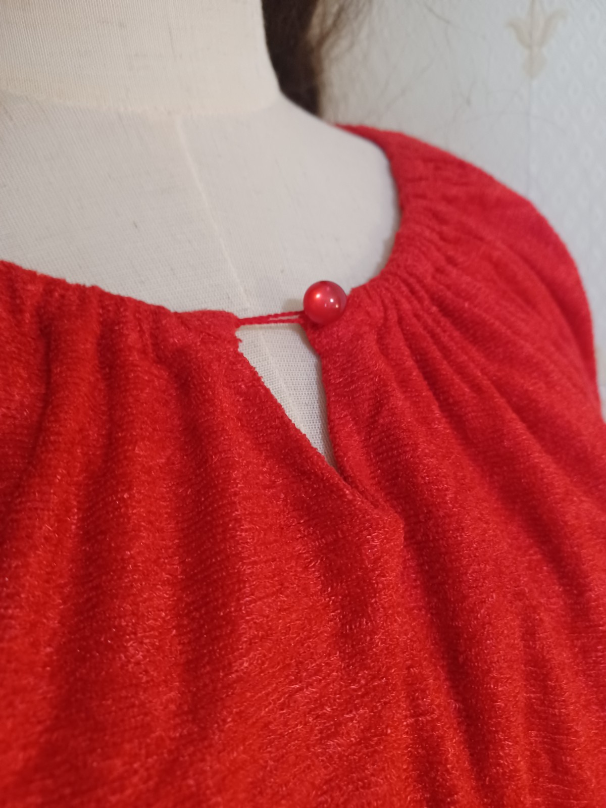 Vintage 1960s/1970s Red Terrycloth Puff Sleeve Boho Hippie Hostess Midi Dress