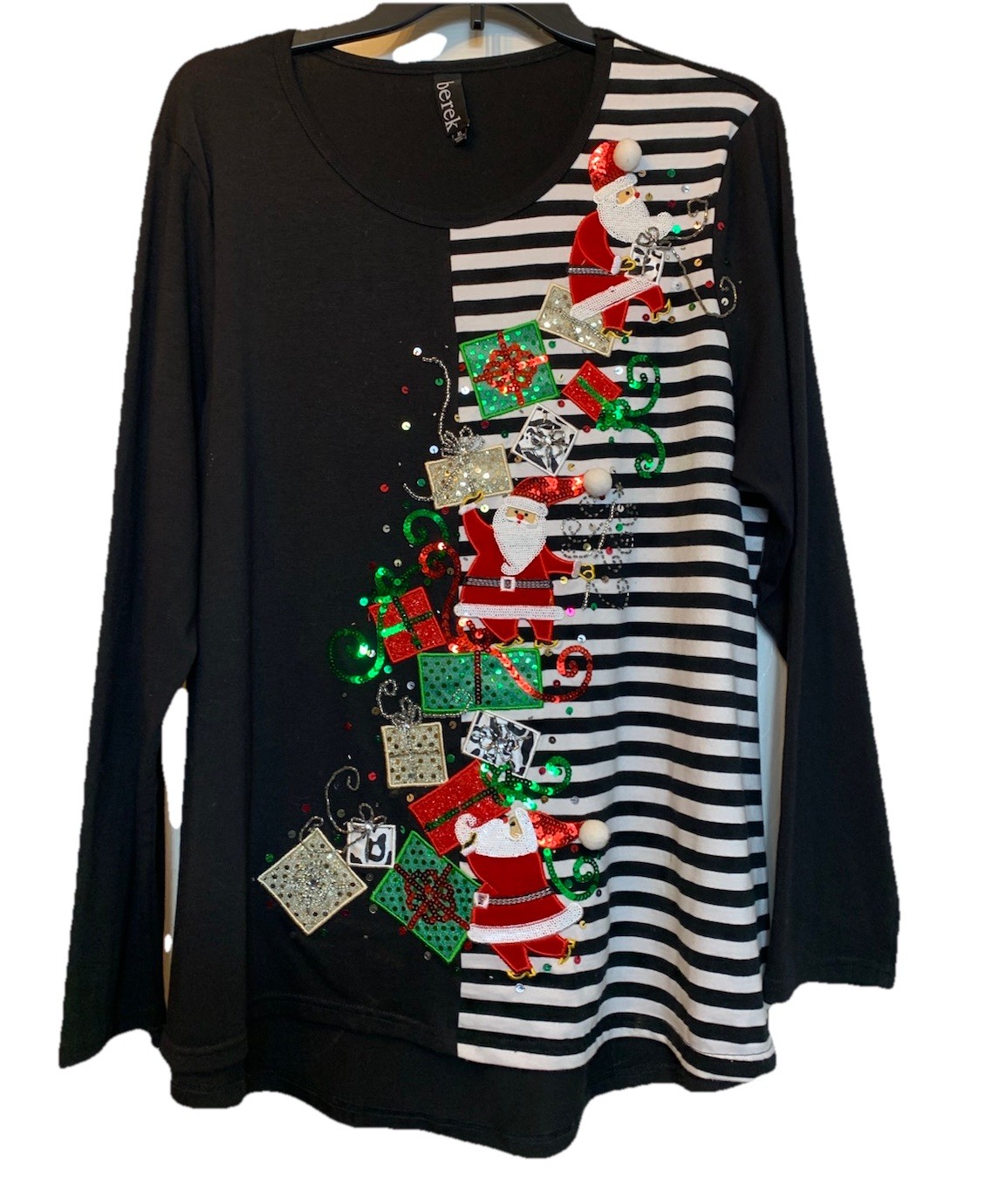 BEREK Christmas Santa Tunic Top XL Black Fun Holiday Embellished Beaded Sequins